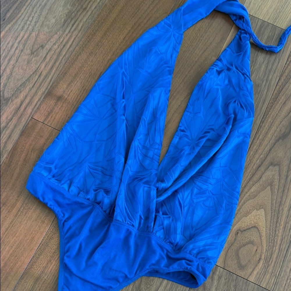 Bebe Geometrical Sheer Cutout Purple Halter Bodysuit